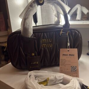 Miu Miu Dark Brown Matelassé Leather Satchel with Gold Hardware